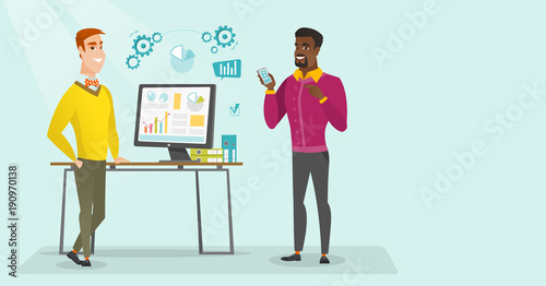 Young caucasian white and african-american businessmen making business presentation on a computer on the topic of the growth of sales of mobile phones. Vector cartoon illustration. Horizontal layout.