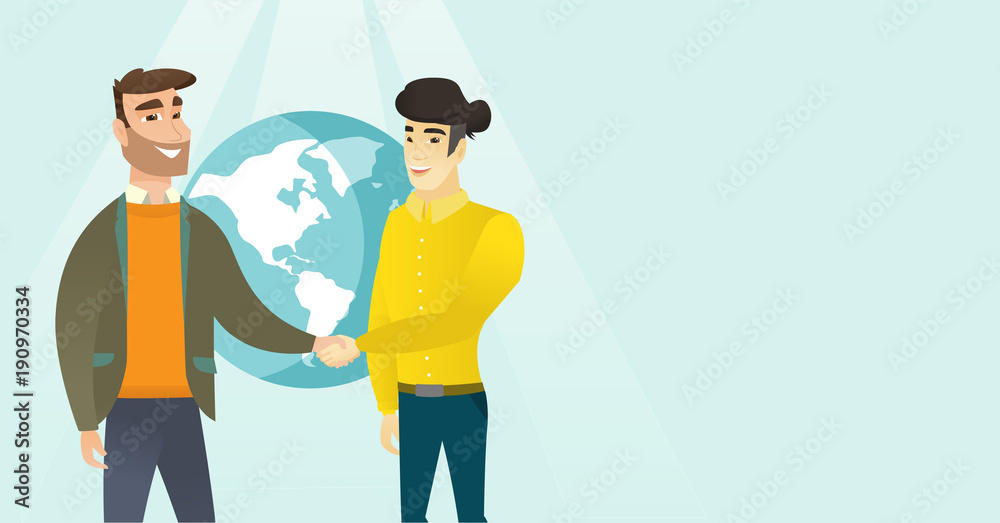 Two young multiracial business partners shaking hands on the background of globe after successful deal. International business partnership concept. Vector cartoon illustration. Horizontal layout.