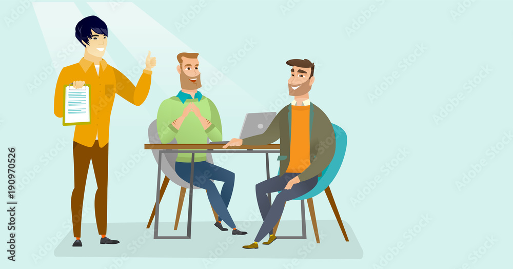 Young multicultural human resource managers talking with caucasian white job applicant and checking curriculum vitae during interview for a position. Vector cartoon illustration. Horizontal layout.