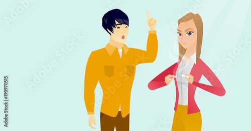 Angry caucasian white woman breaking the cigarette on the background of shocked asian man pointing finger up. Quit smoking and healthy lifestyle concept. Vector cartoon illustration. Horizontal layout