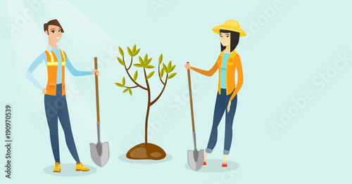 Young caucasian white and asian women plant a tree. Cheerful women standing with shovels near newly planted tree. Environmental protection concept. Vector cartoon illustration. Horizontal layout.