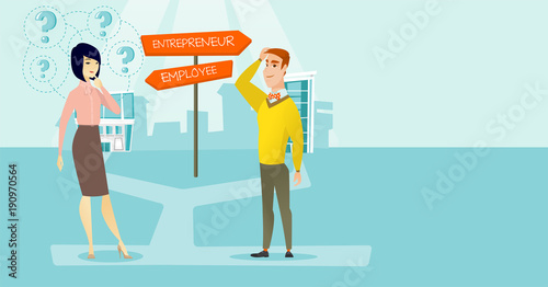 Caucasian white man and asian woman standing at the crossroad with two career pathways - entrepreneur and employee. People making a decision of career. Vector cartoon illustration. Horizontal layout.