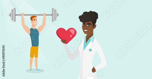 Young african doctor showing heart on the background of caucasian white man lifting a heavy weight barbell. Strong sportsman doing exercise with barbell. Vector cartoon illustration. Horizontal layout