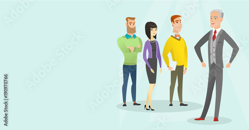 Angry caucasian white businessman shouting at his multiethnic employees because of errors in work. Senior aggressive businessman yelling at employees. Vector cartoon illustration. Horizontal layout.