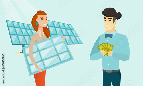 Caucasian white worker of solar power plant holding solar panel and young asian man standing nearby with money. Investment of money in green technology. Vector cartoon illustration. Horizontal layout.