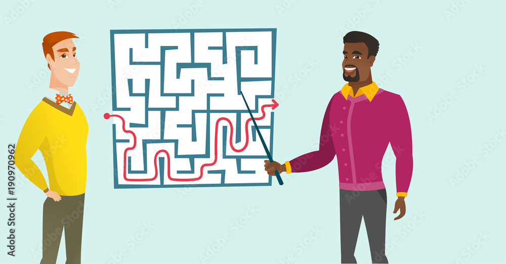 Two young caucasian white and african business men thinking about business solution while looking at labyrinth with guessing. Business solution concept. Vector cartoon illustration. Horizontal layout. Two young caucasian white and african business men thinking about business solution while looking at labyrinth with guessing. Business solution concept. Vector cartoon illustration. Horizontal layout.