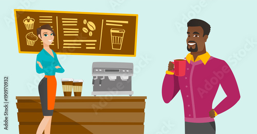 Young caucasian white barista sanding in front of counter at coffee shop while african-american chief-cooker drinking freshly prepared cup of coffee. Vector cartoon illustration. Horizontal layout.