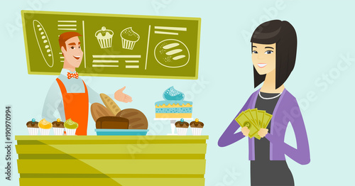 Young asian woman with cash money in hands standing on the background of caucasian white salesman working behind the counter with pastry in the bakery. Vector cartoon illustration. Horizontal layout.