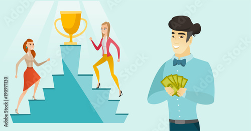Asian man showing money on the background of caucasian white business women competing for the winner cup and money prize. Business competition concept. Vector cartoon illustration. Horizontal layout.