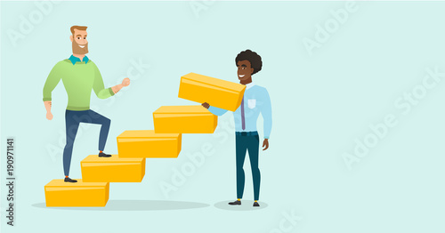 Young caucasian white businessman runs up the career ladder while african-american man builds this ladder. Happy businessman climbing the career ladder. Vector cartoon illustration. Horizontal layout.