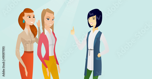 Multicultural female friends sharing gossips. Young caucasian white woman shielding mouth and whispering a gossip to her friend. Girls discussing rumors. Vector cartoon illustration. Horizontal layout
