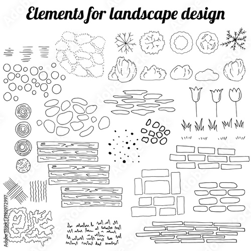 Big collection of elements for landscape design. Contour, black and white.