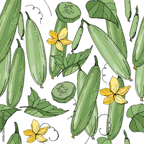 Seamless pattern with cucumber.  Endless texture with green vegetables