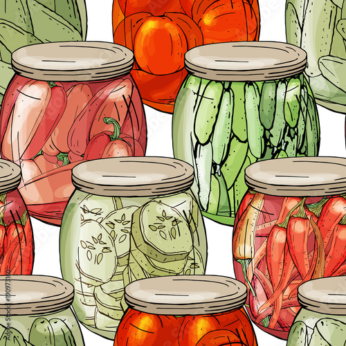 Seamless pattern with different glass jars with vegetables. Endless texture on white background