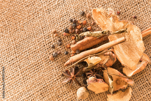 Chinese herbs spices on sack hemp