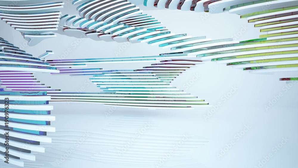 Obraz premium Abstract white and colored gradient glasses parametric interior with window. 3D illustration and rendering.