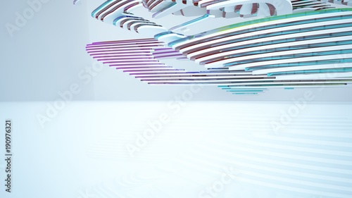Abstract white and colored gradient glasses parametric interior with window. 3D illustration and rendering.