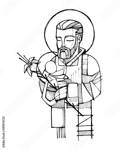 Saint Joseph and baby Jesus ink illustration