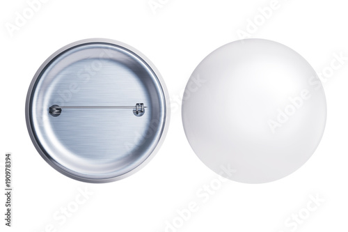 White badge pin brooch front and back side isolated on white mock-up. Empty clear pin emblem mock up. Template button badge for your design. 3d rendering.