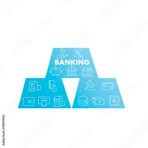 Line icons in gold shape. Banking
