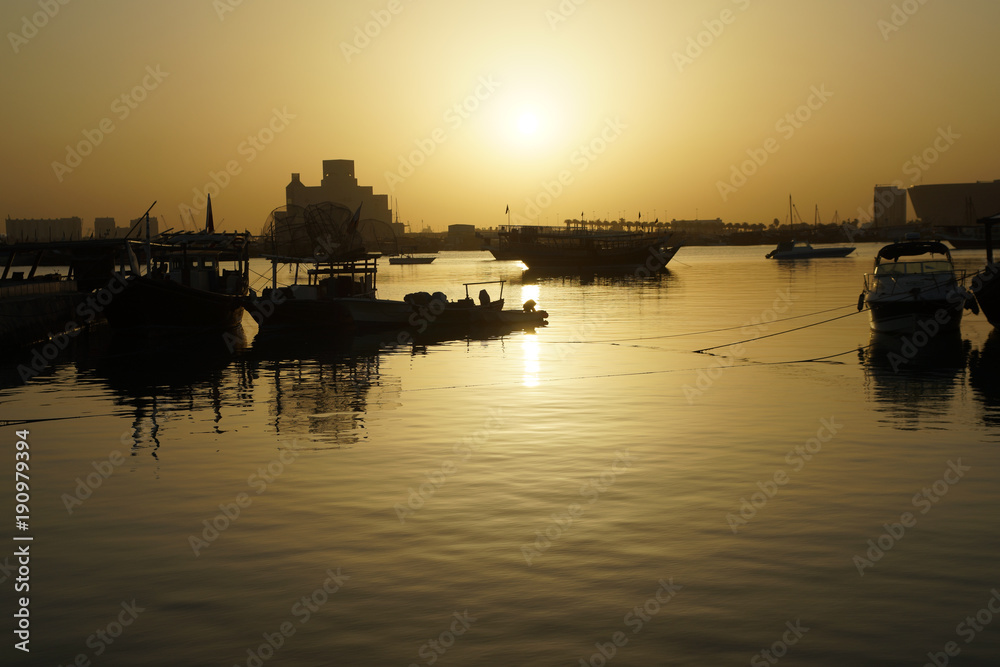 Dhows on Sea in tranquil morning on sea of Doha