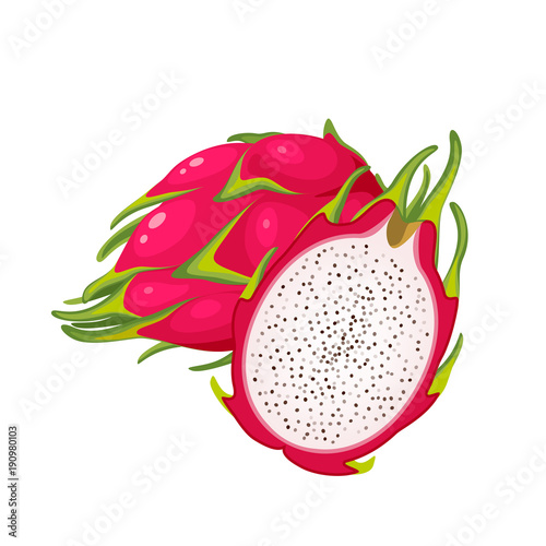 Summer tropical fruits for healthy lifestyle. Red dragon fruit, whole fruit and half. Vector illustration cartoon flat icon isolated on white.