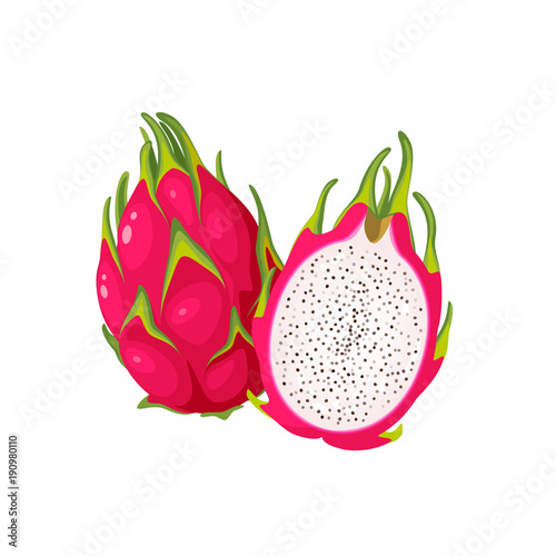 Summer tropical fruits for healthy lifestyle. Red dragon fruit, whole fruit and half. Vector illustration cartoon flat icon isolated on white.