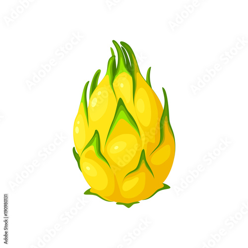 Summer tropical fruits for healthy lifestyle. Yellow dragon fruit, whole fruit. Vector illustration cartoon flat icon isolated on white.