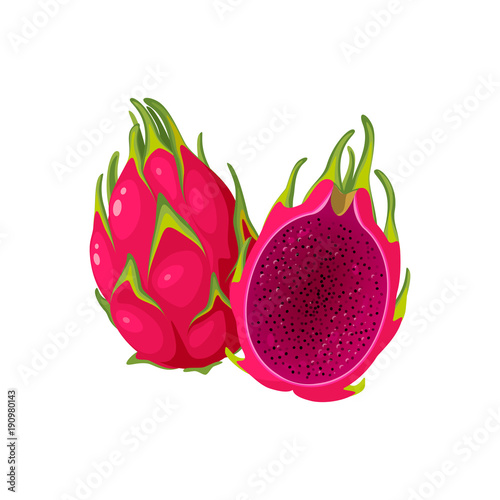 Summer tropical fruits for healthy lifestyle. Red dragon fruit with red flesh, whole fruit and half. Vector illustration cartoon flat icon isolated on white.