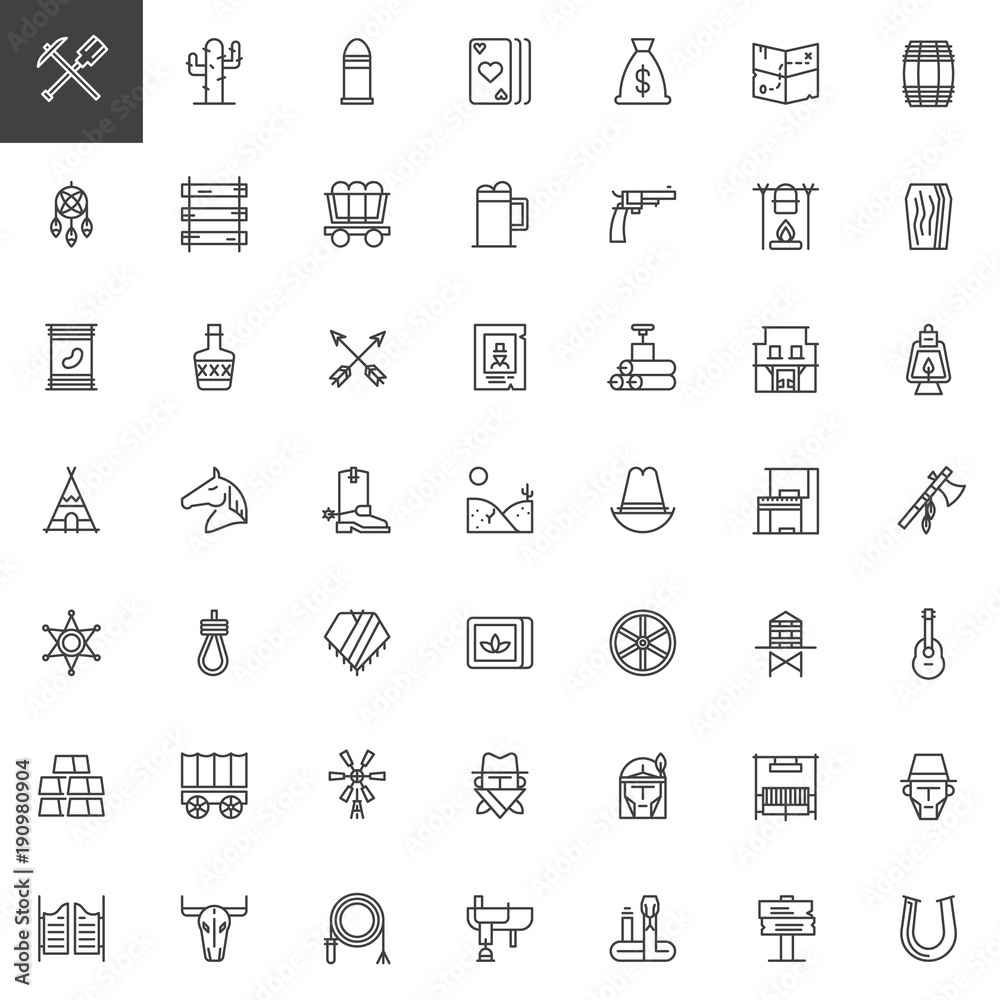 Wild west line icons set, outline vector symbol collection, linear style pictogram pack. Signs, logo illustration. Set includes icons as dreamcatcher, cowboy, western, sheriff, bandit, saloon, ranch Wild west line icons set, outline vector symbol collection, linear style pictogram pack. Signs, logo illustration. Set includes icons as dreamcatcher, cowboy, western, sheriff, bandit, saloon, ranch