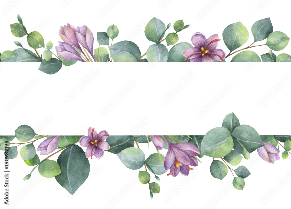Obraz premium Akwarela wektor wieniec z zielonych liści eukaliptusa, fioletowe kwiaty i gałęzie.