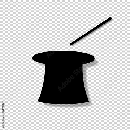 Black silhouette of magic cylinder top hat and wand isolated