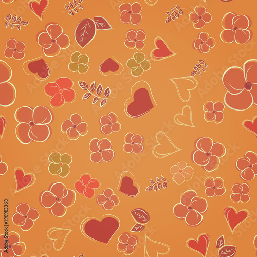 Beautiful flowers and heart on a color of mustard background. Seamless festive pattern.