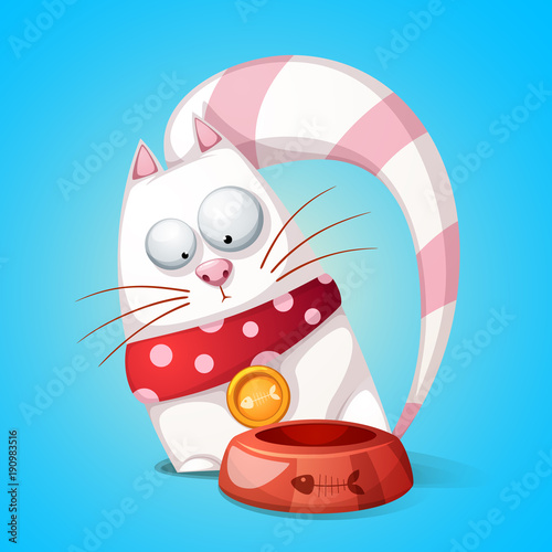 Funny, cute cartoon character cats. Animal eats from bowl. Vector eps10