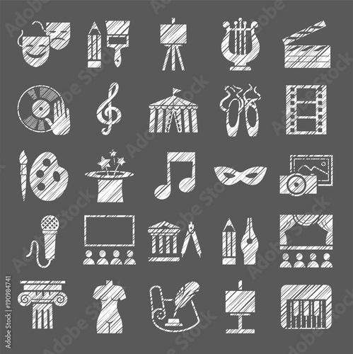 Culture and art, icons, shading pencil, white, vector. Leisure and cultural centres. Cultural events and the attributes of art. Monochrome  icons. Hatching a white pencil on the grey box. Imitation