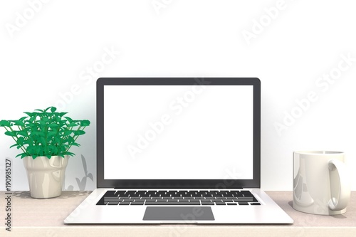 Computer Network Connection Digital Technology, Coffee cup with laptop computer white blank screen on wood work table front view, Isolated on white background, 3D rendering