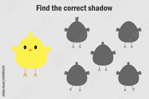 Find the correct shadow, easter game for children, chick in cartoon style, education game for kids, preschool worksheet activity, task for the development of logical thinking, vector illustration