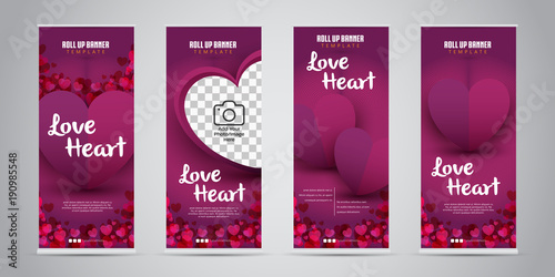 Love Heart Business Roll Up Banner with 4 Variant Designs. Vector Illustration.
