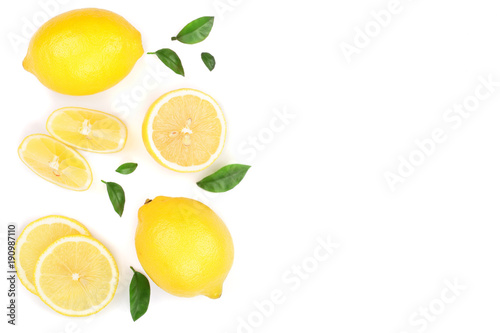 lemon and slices with leaf isolated on white background with copy space for your text. Flat lay, top view