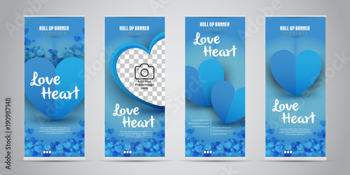 Love Heart Business Roll Up Banner with 4 Variant Designs Vector Illustration.
