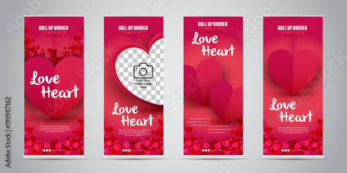 Love Heart Business Roll Up Banner with 4 Variant Designs Vector Illustration.