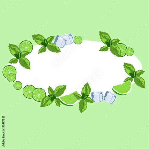 Frame oval mojito. Ingredients for the drink, decoration.