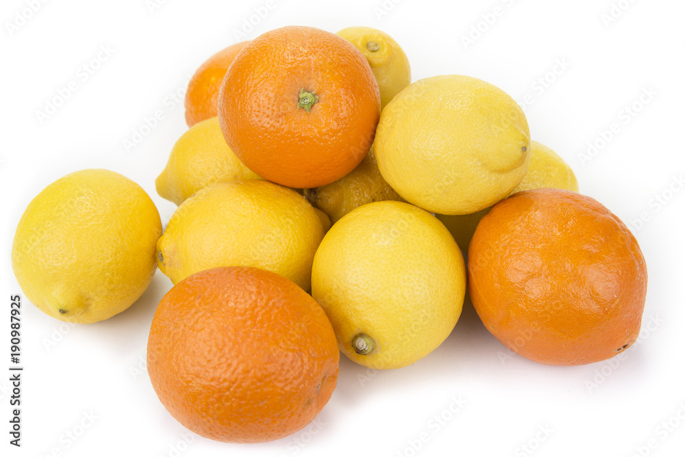 Fresh oranges and lemons on the white background Fresh oranges and lemons on the white background
