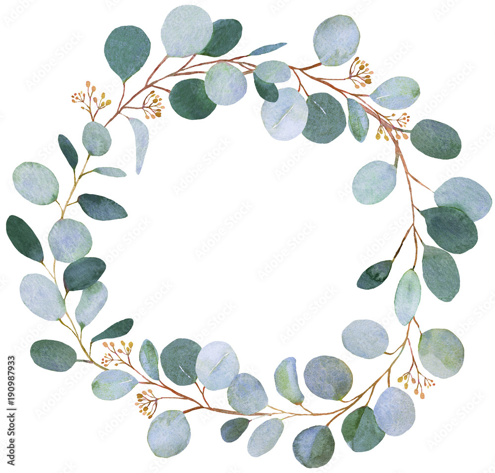 Wedding greenery wreath. Watercolor illustration with eucalyptus. Stock ...