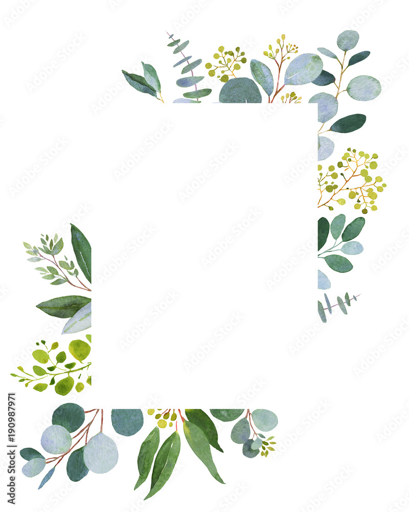 Wedding greenery template. Watercolor illustration with eucalyptus. - obrazy, fototapety, plakaty 