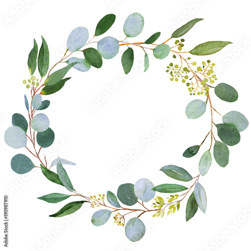 Fototapeta Wedding greenery wreath. Watercolor illustration with eucalyptus.