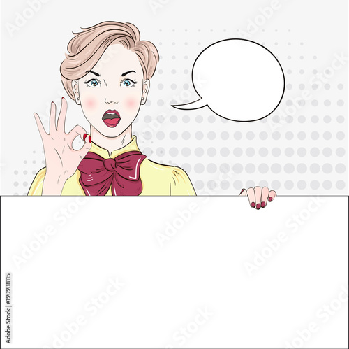Pop Art Vintage advertising poster comic girl in blouse hand shows okay and hold white banner. Comic woman with speech bubble. Vector illustration