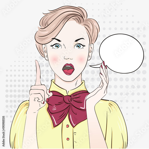 Comic Pop art blonde hair woman in blouse. Vector illustration.