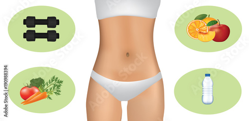 Woman body with dumbbells and healthy food, weight loss concept, vector