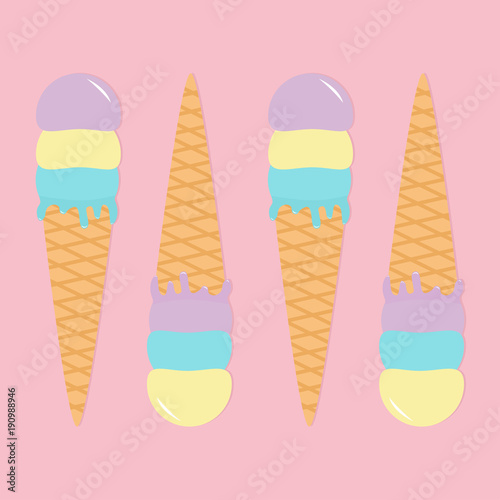 Ice cream wafer cone icon set. Pastel color. Hello summer time. Cute icecream pattern. Kawaii cartoon food. Flat design lay. Yellow blue violet color. Pink surface background. Melted drops.